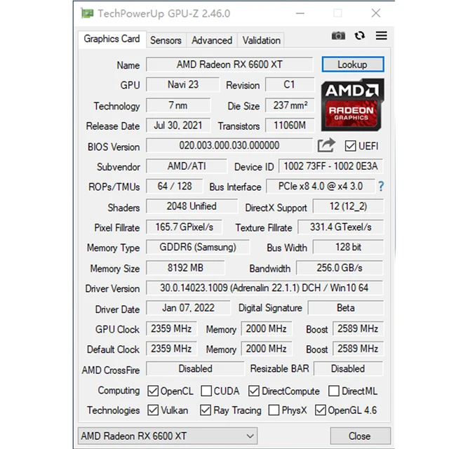 SHELI 51RISC RX6600XT 8G D6 Gaming Graphics Card 8G 128bit GDDR6 Memory 16GHz Memory Frequency DirectX12 3D Feature 6
