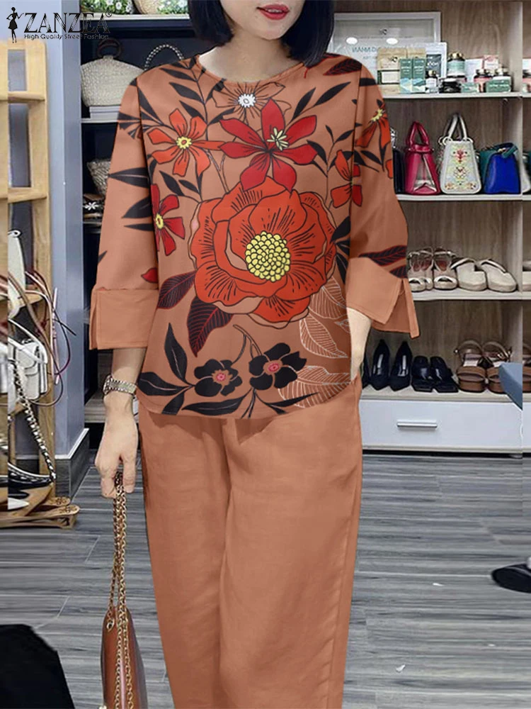 ZANZEA Свободные повседневные блузки с цветочным принтом и рукавами 3/4 комплекты