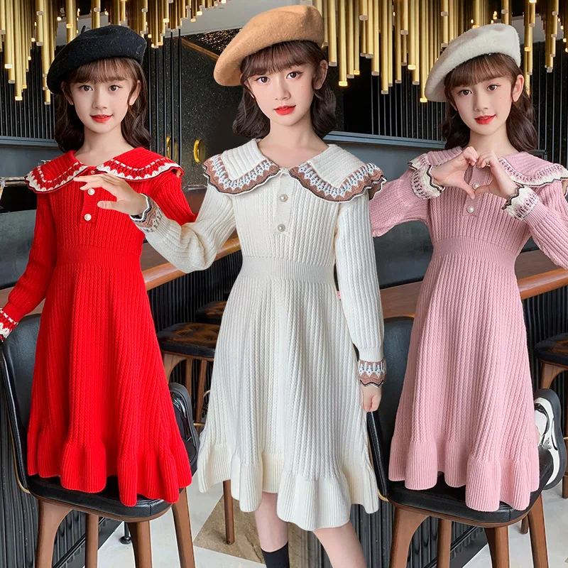 

2023 Korea Autumn Winter Knitted Sweater Dress Cropped Sweaters Knitwears Elementary Girls Knitted Top Junior Girl Clothing