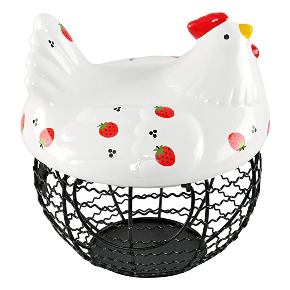 

Chicken Egg Basket for Egg Storage Ceramic and Iron Decorative Basket with Chicken Design Farmhouse Kitchen Decor