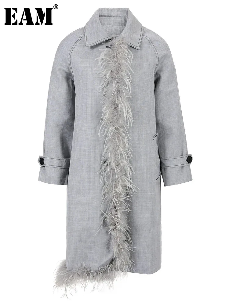 

[EAM] Women Feather Gray Big Size Long Trench New Lapel Long Sleeve Loose Fit Windbreaker Fashion Tide Spring Autumn 2023 1B0980