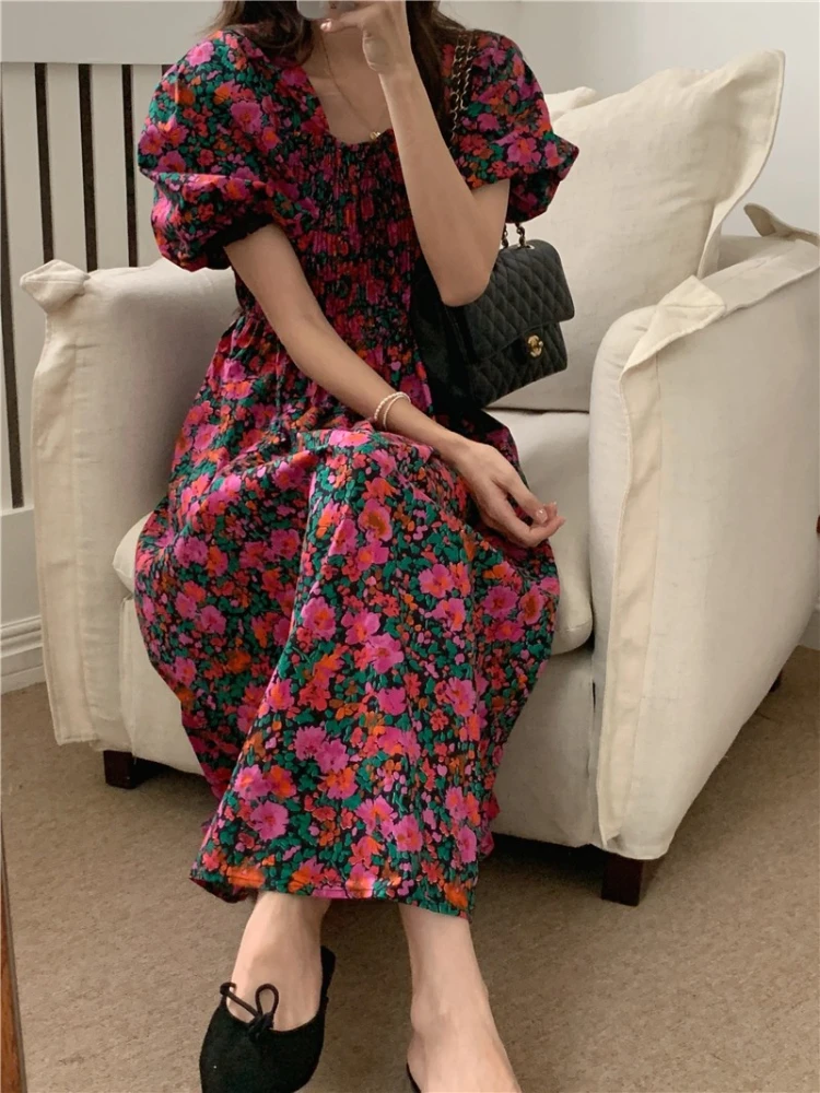 

2022 Summer New Korean Style Ins French Romantic Retro Floral Square Collar Mid-length Dress Ladies dresses for women