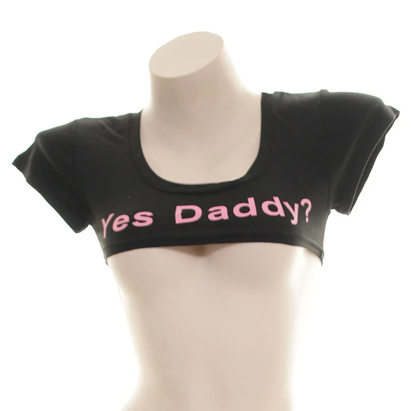 

Yes Daddy Letter Print Short Sleeve Sexy Ultra Short Tshirt Cut Out Crop Top Cute Tanks for Women Ladies Summer 2022 Cropped Tee