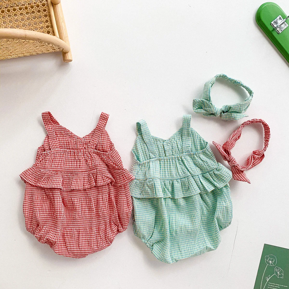 

0 to 12M Cute Baby Girls Ruffle Romper Summer Newborn Plaid Bodysuit Headband Korean Style Infant Baby Princess Strap Clothes