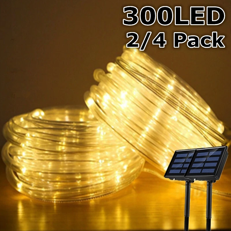 

2-4 Pack 300LED Solar Lights Outdoor Solar Rope Tube String Lights Waterproof Solar Garden Garland for Christmas Yard Decoration