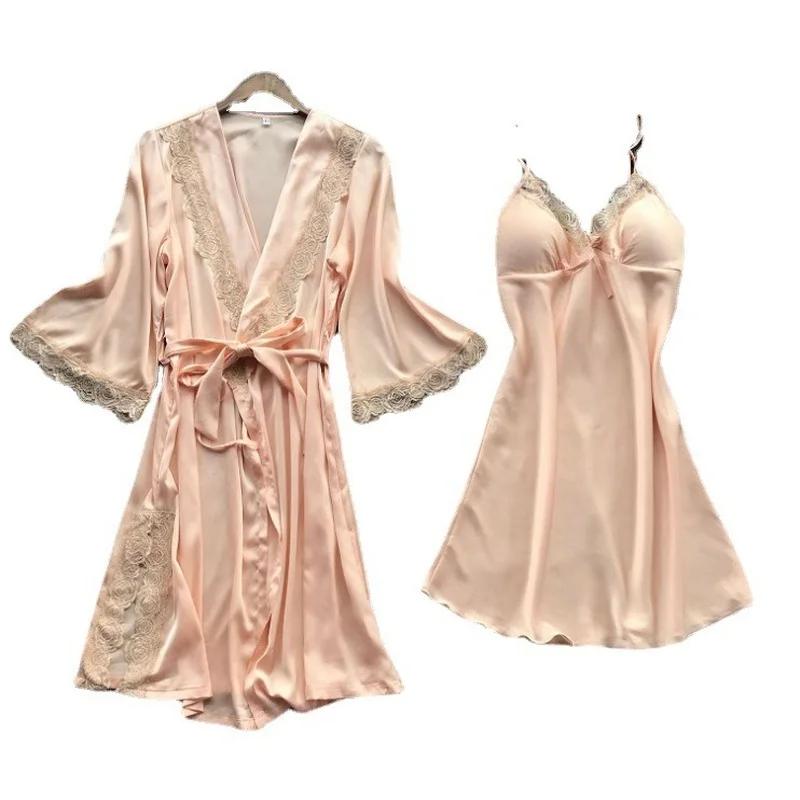QWEEK Women's Dressing Gown Night Dress Negligee 2 Pieces Sets Silk Robes Nightwear Satin Sleepwear Summer Nightdress Large Size