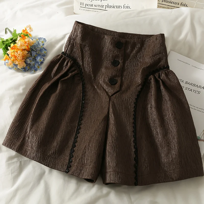 

Women Retro 3 Buttons Super High Waist Shorts 2022 Slim Waist Wide Leg Shorts Female Shiny Women Trousers