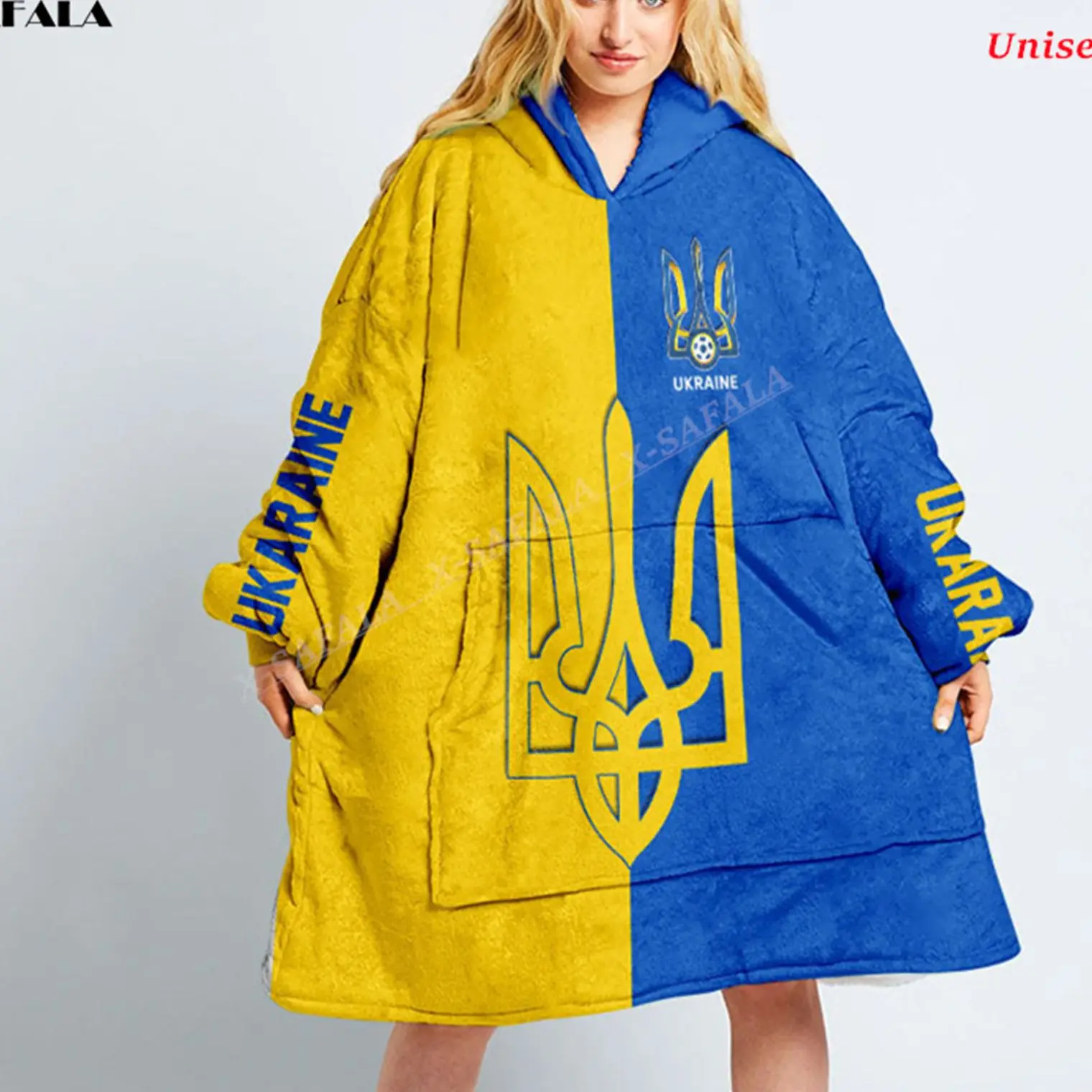 Ukraine Football Europe Flag 3D Print Oversized Hooded Wearable Blanket Hoodie Nightgown Flannel Cotton Men Female Nightwear