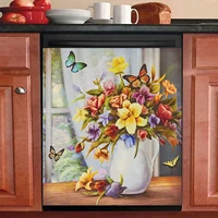 mahar colorful butterflies and floral bouquet kitchen dishwasher sticker magnet cover flower magnetic refrigerator home decor vi