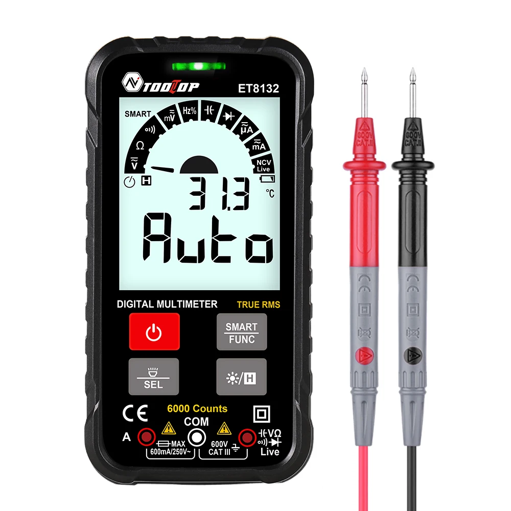 

TOOLTOP ET8132 Digital Multimeter Voltmeter Ammeter AC DC Voltage Current Resistance Frequency Capacitance Meter True RMS 60000