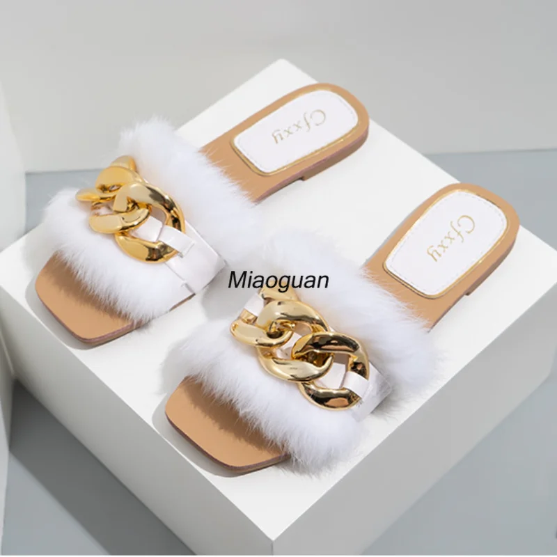 

Fashion Chain Plush Furry Fluffy Woman's Sandals White Flats with Outdoor Slides Fur Summer Shoes Beach Sandals Big Size 37-42