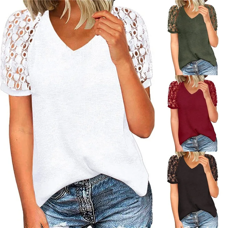 

Woman T Shirt Slim Flower Tops Lace Short Sleeve Fashion Hot Sale Round Neck Perspective Simple Female Clothing