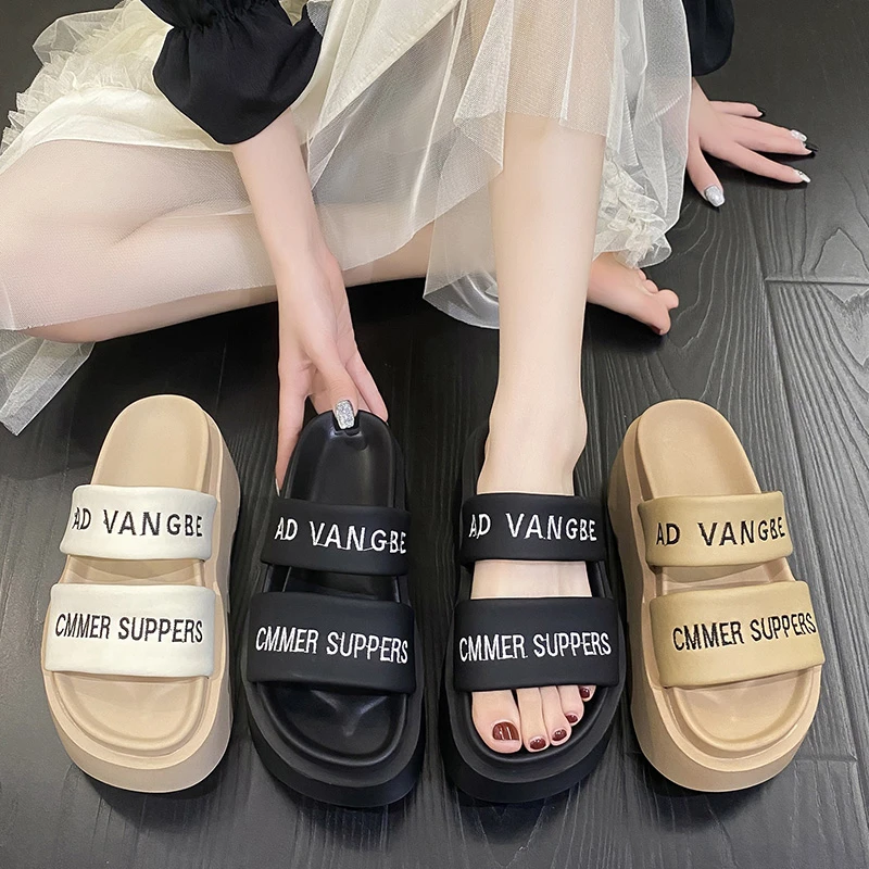 Summer 2023 Chunky Sandals Women's Thick Bottom Wedge Heels Slides 8CM High Heels Platform Leather Casual Beach Flip Flops Woman