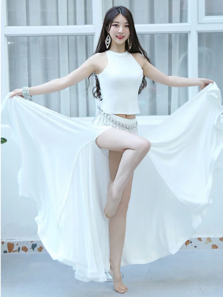 

Elegant Oriental Dance Woman Fantasia Latin Clothes Solid Color Flamco Belly Jazz Classical Street Top High Waist Skirts Set