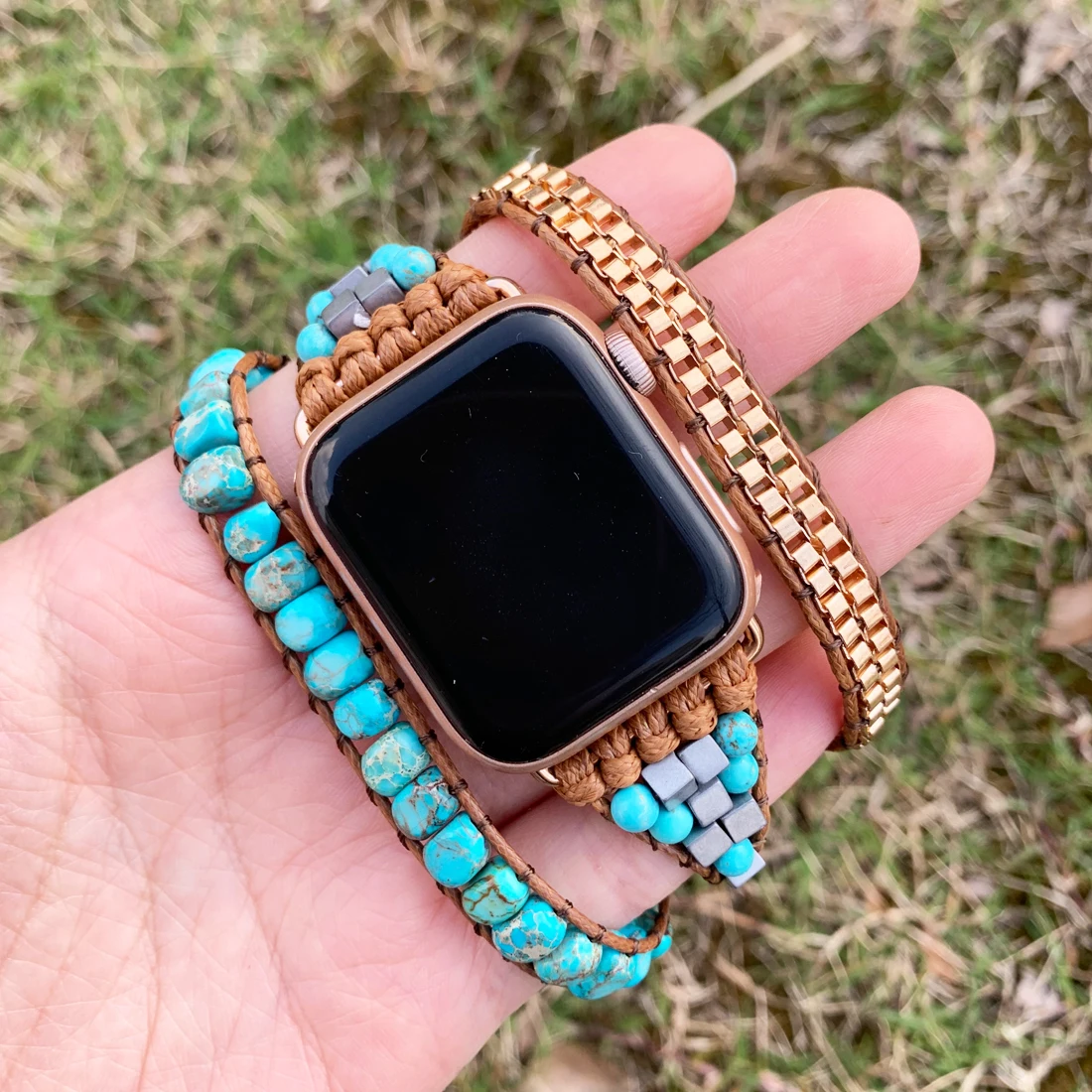 

Natural Stone Apple Men Women Watch Band Beads Boho 3X Wrap Vegan Rope Watch Strap Wrist Band Bracelet Accessories