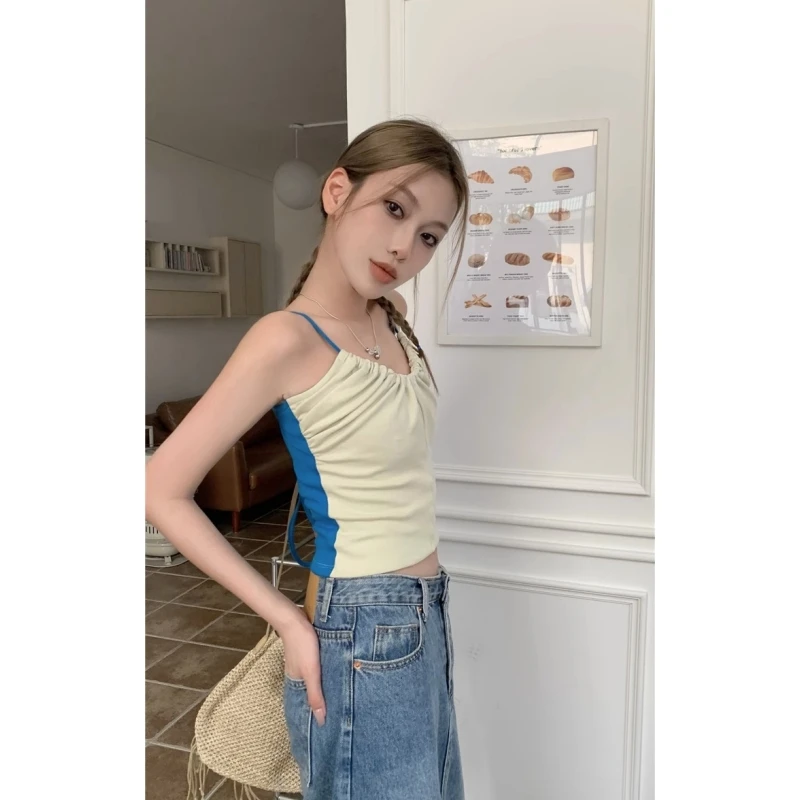 

Женская футболка, бежевая майка контрастных цветов в индивидуальном стиле, летний модный женский топ Y2K, 2023, универсальные Топы