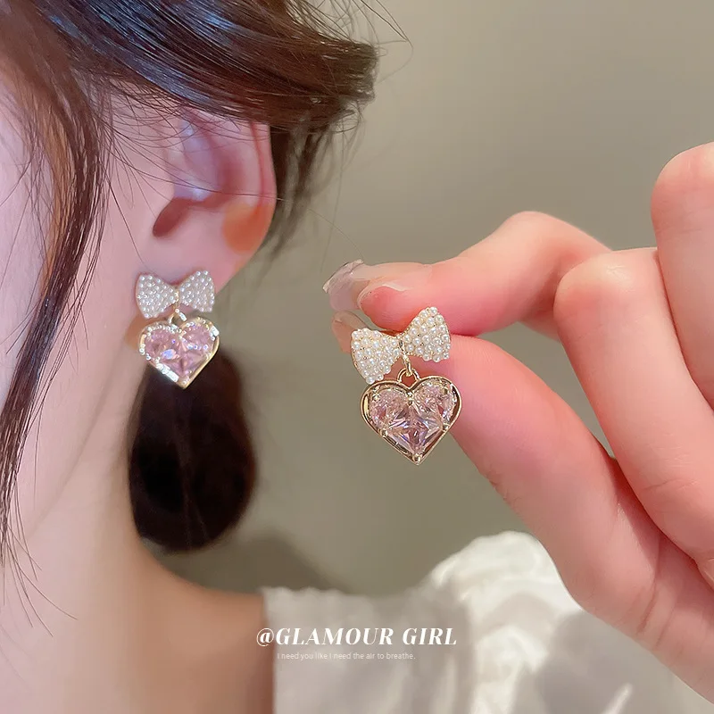 True Gold Electroplated Silver Needle Pearl Bow Zircon Earrings Japanese And Korean Girls Sweet Love Advanced