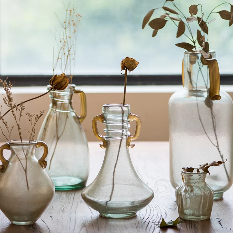 

Винтажная стеклянная ваза с перламутровыми цветами, Золотые декоративные украшения с сыпучим песком, искусство ручной работы в европейско...