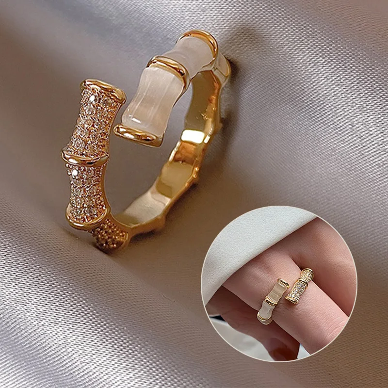 

2023 New Design Opals Bamboo Ring Shape Gold Color Adjustable Rings Korean Fashion Jewelry Party Luxury Accessory for Woman Gift