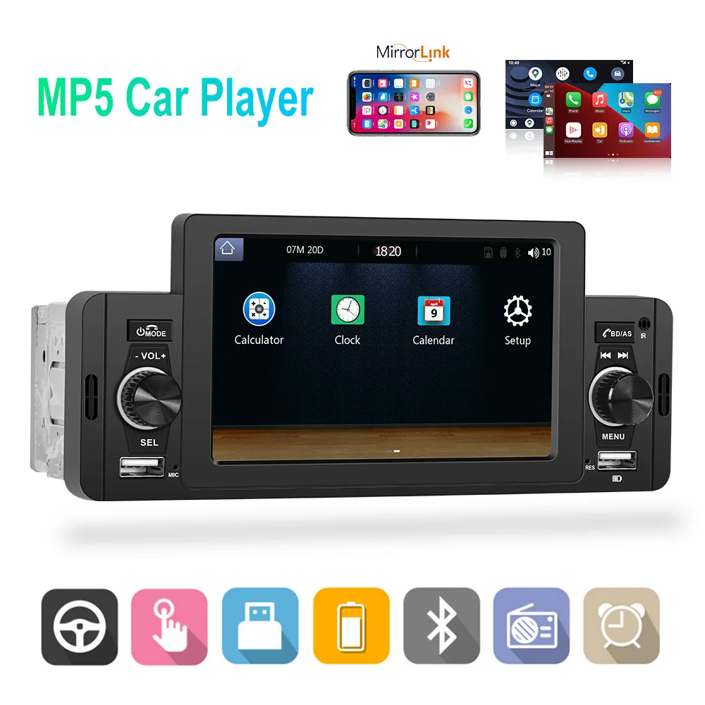 One Din 5 inch Car MP5 Wired Carplay Universal Bluetooth Player with Microphone