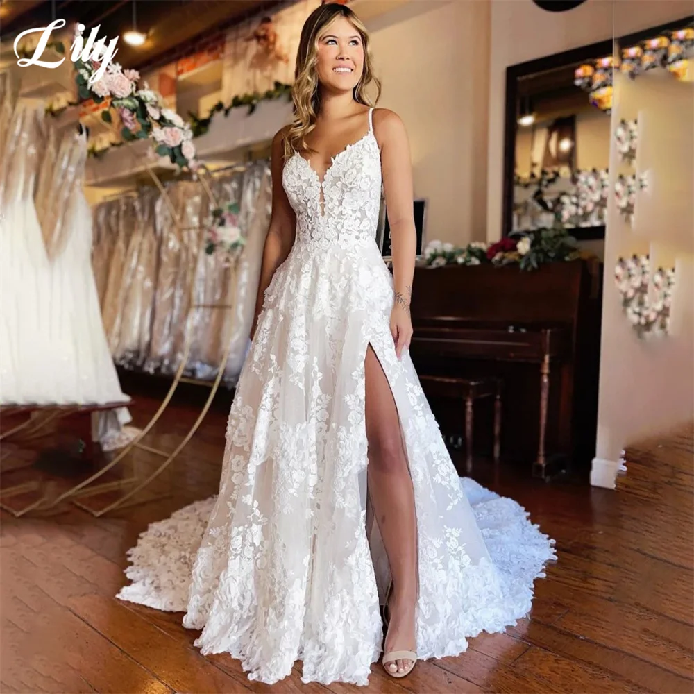 

Spaghetti Strap Wedding Dresses For Bride Size Custom Made V Neck Wedding Gown Lace High Split Bridal Dress robe de mariée