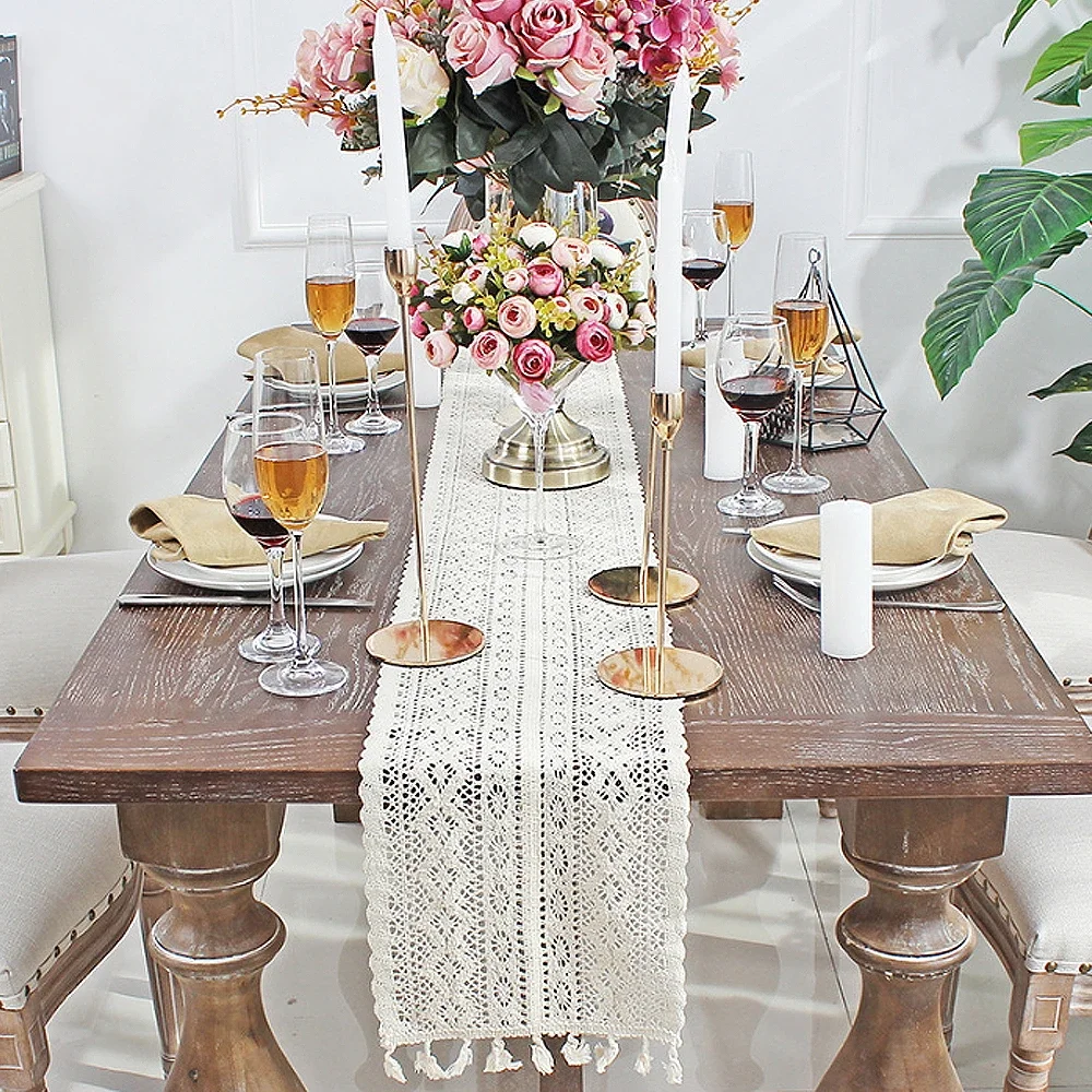 

Bieżnik Nordic szydełkowana koronka bawełna dekoracje na stół ślubne styl boho bieżniki z frędzlami jadalnia