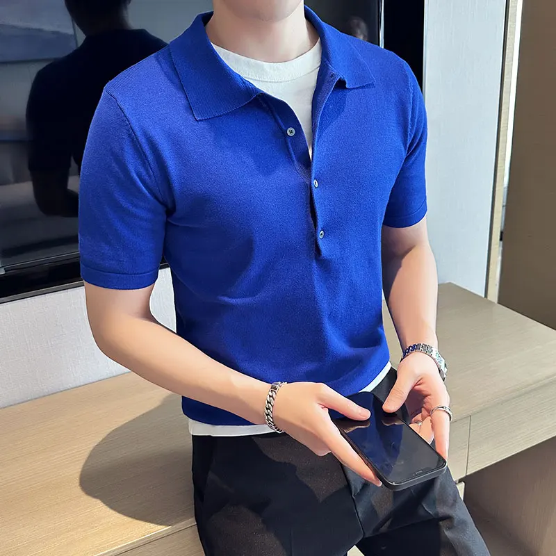 

2023 Men's Summer Casual Short Sleeve Knitting Polo Shirts/Male Slim Fit Fashion Solid Color Knitting Polo Shirts S-4XL