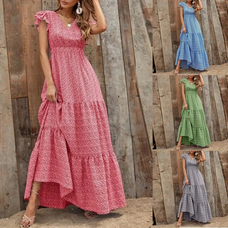 

2023 New V-neck Printed Short Sleeve Waist Long Dress Bohemian Dress Women