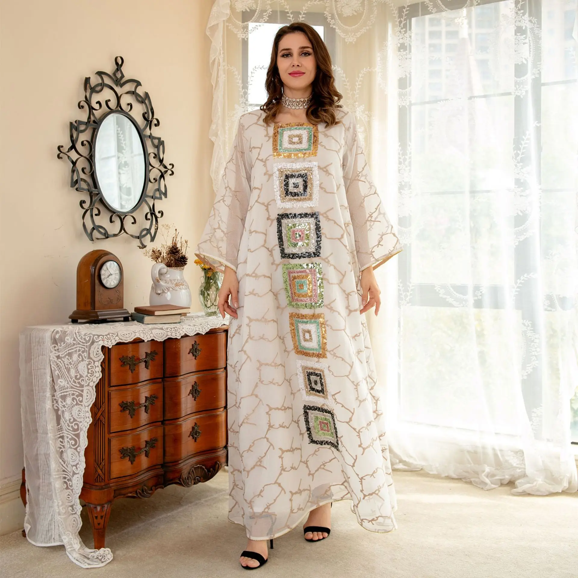 Plus Size Summer Modern Women Dress Maxi Long Abayas Oversized Islam Clothing Sequin Embroidered Muslim Jilbab