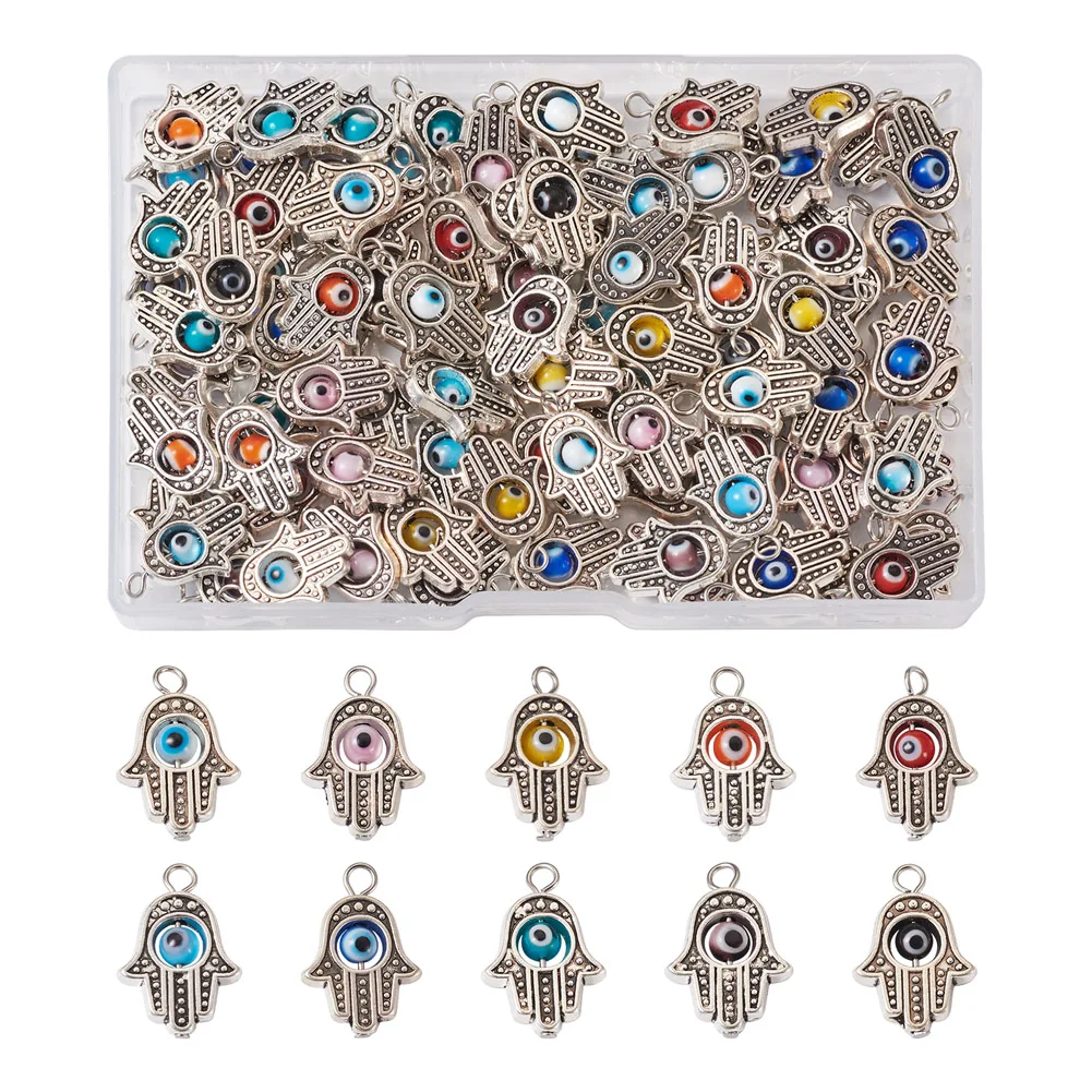 

100pcs Antique Hamsa Charms Tibetan Style Miriam Hand Alloy Pendant Colorful Evil Eye Bead Charms for DIY Jewelry Craft Making