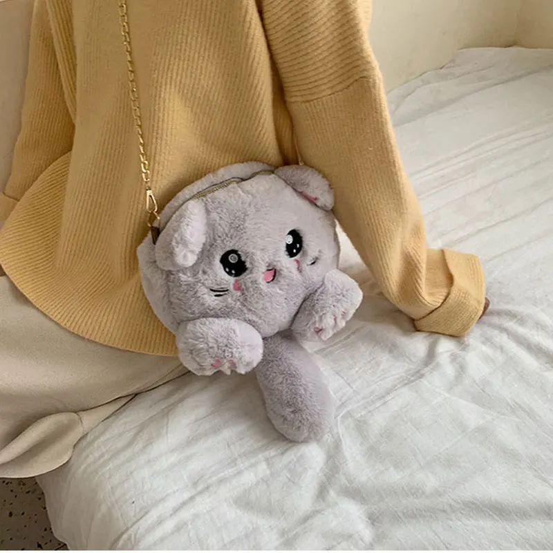 Cartoon Student Chain Crossbody Bag Girl Cute Animal Cat Plush Shoulder Bag Fashion  Mobile Phone Bag Female Purse