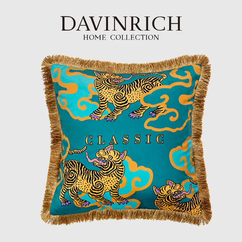 

DAVINRICH Auspicious Kirin Mythical Animal Decorative Cushion Covers High Grade Luxury Velvet Throw Pillow Case Fringed 43x43cm