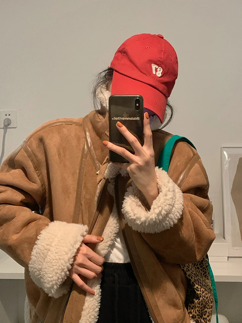 MOLAN Winter Woman Warm Overcoat Fashion Leather Patchwork Loose Long Sleeve Locomotive Coat Zipper Female Chic Outwear