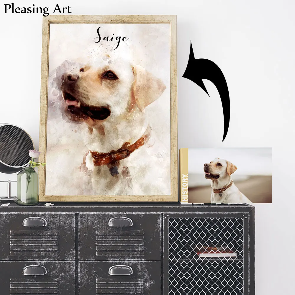 

Color Hand Painted Pets Portrait Poster Personalized Watercolor Canvas Painting Dog Cat Art Print Wall Pictures Living Room Deco