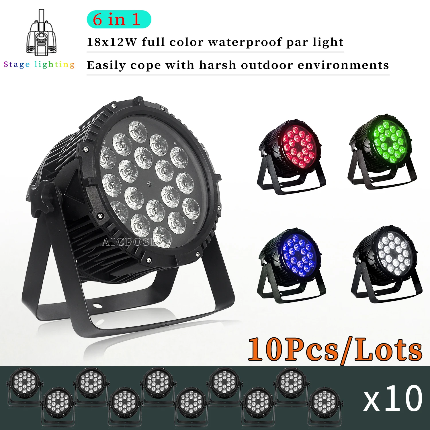 

10Pcs/Lots 18x12W full color waterproof stage light RGBWA UV 6 in1 cast aluminum par light outdoor event stage performance light