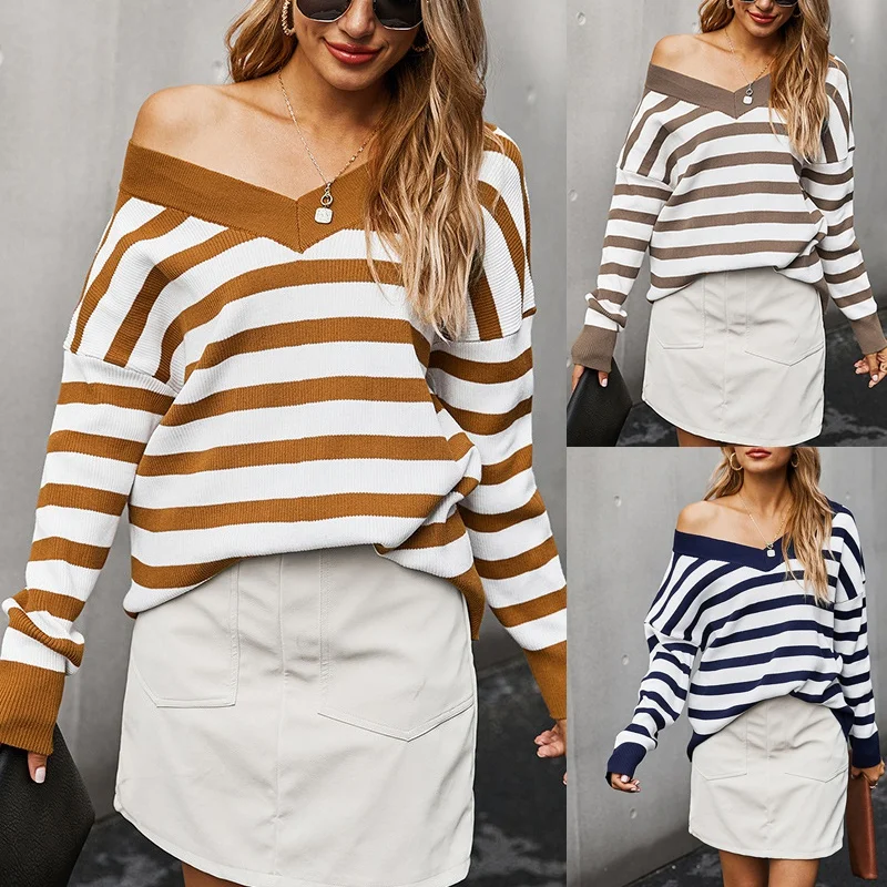 

Популярный Повседневный вязаный свитер Kf в полоску, Женская осенне-зимняя одежда с длинным рукавом и V-образным вырезом, пуловер и джемпер