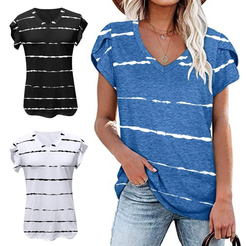 

Women Short Petal Sleeve Striped Print T-Shirt Casual V-Neck Tunic Blouses Top