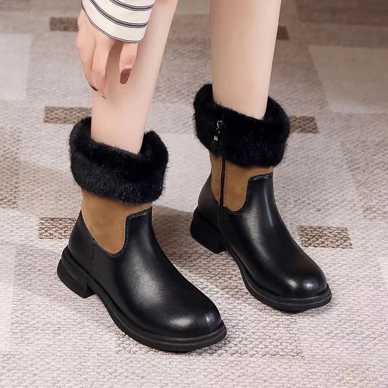 2023 Snow Boots Women PU Leather High-tube Warm Cotton Shoes Winter Plus Velvet Fashion Zipper Ankle Boots Platform Shoes Women