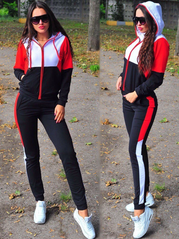 

Autumn Women's Outfits Tracksuit Zipper Patchwork Hooded Jacket & Jogging Pencil Pants Two Piece Set Sportswear Ladies Suit