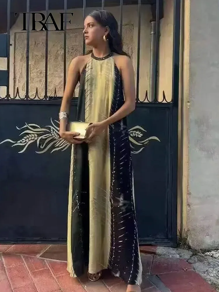 

TRAF 2023 Women Print Dresses New Fashion O-neck Sleeveless High Waist Midi Dress Elegant Street Female Party Dresses
