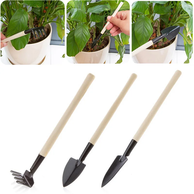 

3pcs/Set Mini Gardening Tools Wood Handle Stainless Steel Potted Plants Shovel Rake Spade For Flowers Potted Plant Garden Tools