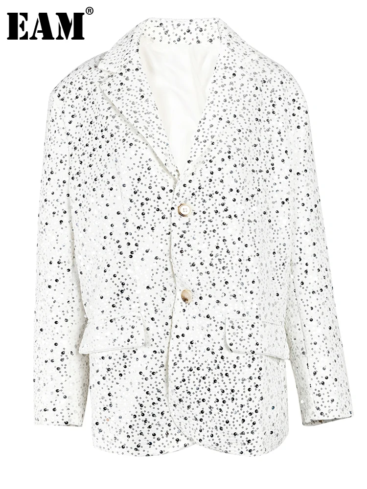 

[EAM] Women Gray Sequins Big Size Casual Blazer New Lapel Long Sleeve Loose Fit Jacket Fashion Tide Spring Autumn 2023CPG0020