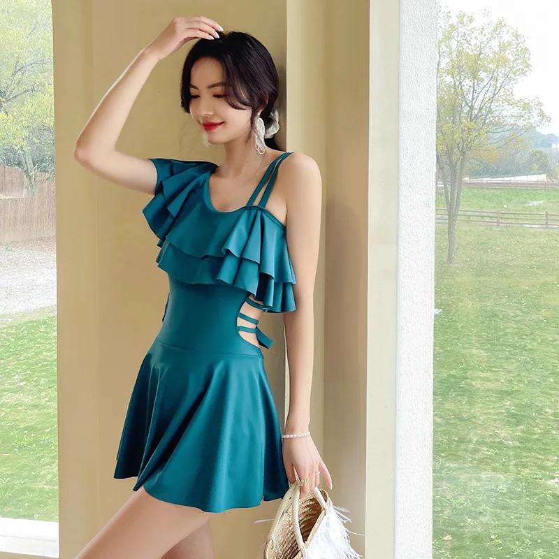 

Sexy One Piece Ruffle Swimsuit With Skirt Dress Cover Up Backless Swimming Suit Women Korean Fashion Bathing Suit 2023 Summer