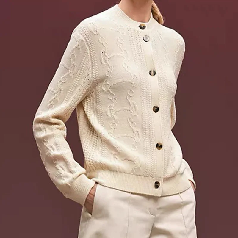

Autumn Runway Cashmere Women's Knitted Cardigans Fashion Chain Twist Long Sleeve Loose Sweater Jacket High Quality Chic Coat Top