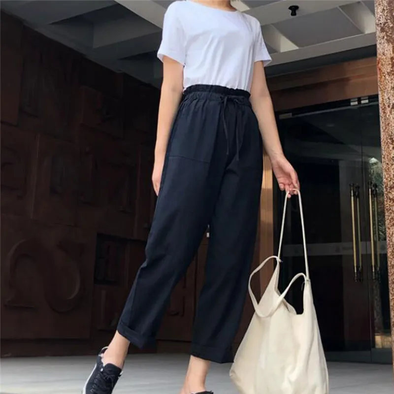 

Women Casual Harajuku Spring New Summer Long Thin Section Trousers Sashes High Elastic Waist Pants Ankle Length Haren Pants