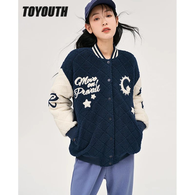 Toyouth Women Baseball Jackets Uniform 2022 Winter Long Sleeve Thick Plush Coat Graphic Print Preppy Style Warm Casual Tops