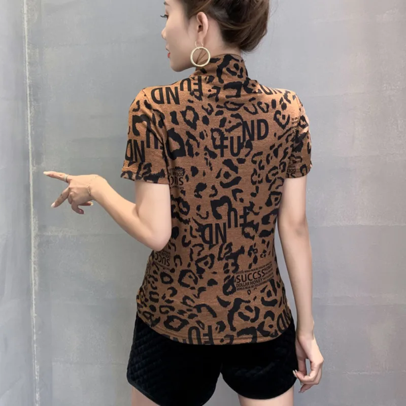 #7611 летняя леопардовая футболка Женская сетчатая Сексуальная с коротким рукавом