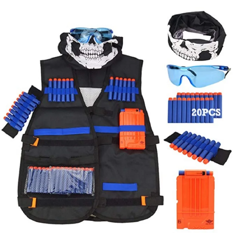 

Tactical Kids Vests Kits for Nerf Guns N-Strike Elite Series with Refill 20Dart Bullets Foam Bullets 2 Reload Clips Glass Mask