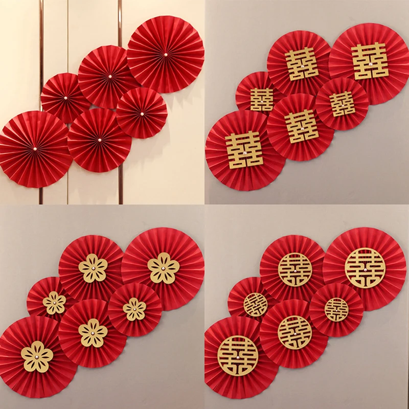 

Chinese Style Red Wedding Fan Flower Hanging Paper Crafts Pompom Bedroom Living Room Wall Decor Origami Fan DIY Party Supplies