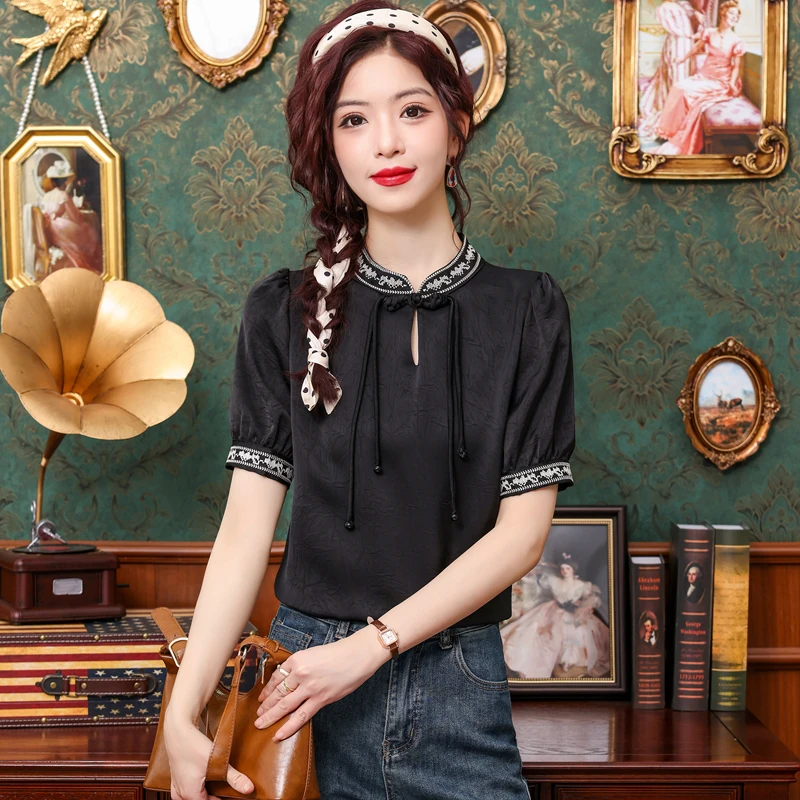 Модная женская блузка с коротким рукавом и воротником-стойкой шифоновая